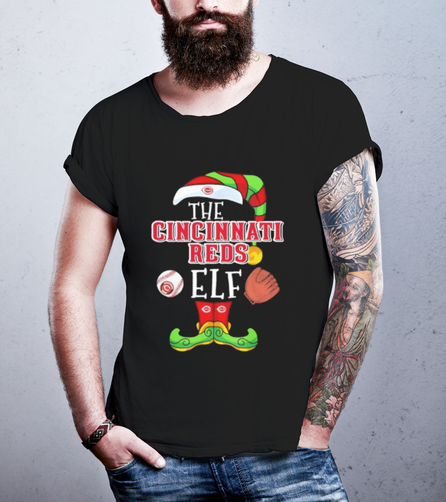Cincinnati Reds Christmas Baseball Elf Hat And Stockings T-Shirt