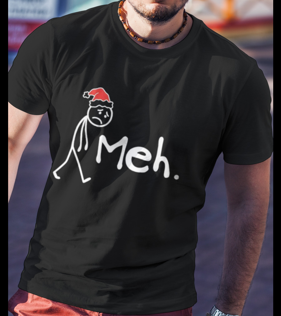 Meh Funny Christmas Introvert Santa Hat Stick Figure T-Shirt