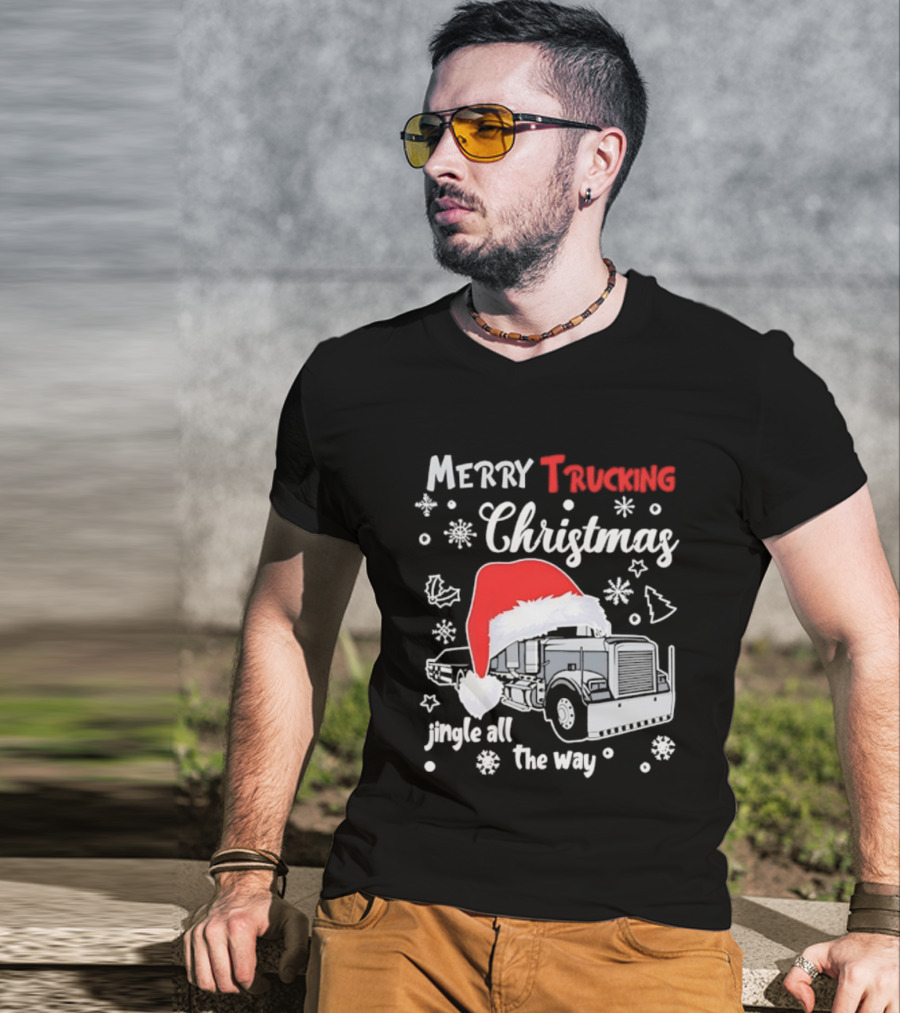 Merry Trucking Christmas Jingle All The Way Santa Hat Snowflakes T-Shirt