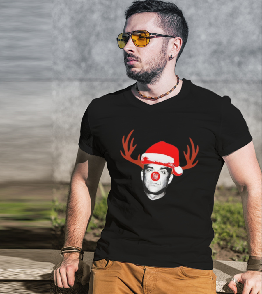 Rudolph Robbie Reindeer Santa Hat RW Nose Antlers Holiday T-Shirt