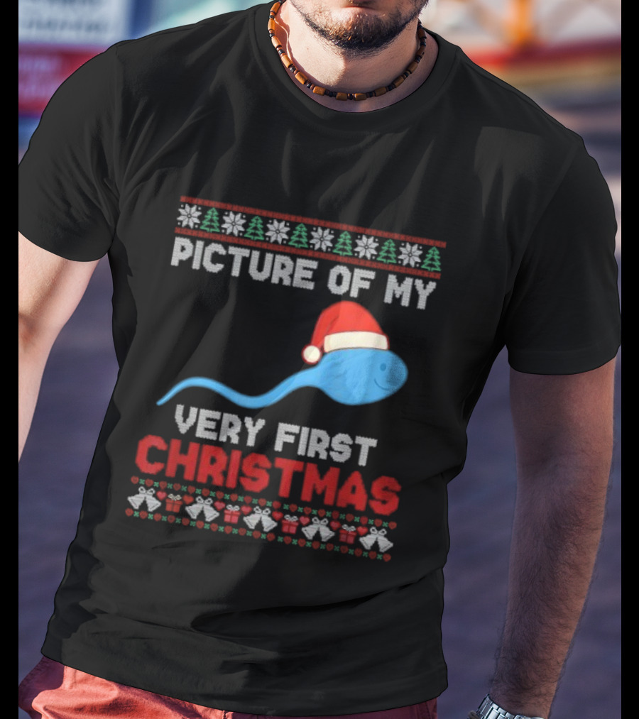 Picture Of My Very First Christmas Joke Funny Xmas Santa Hat Sperm T-Shirt