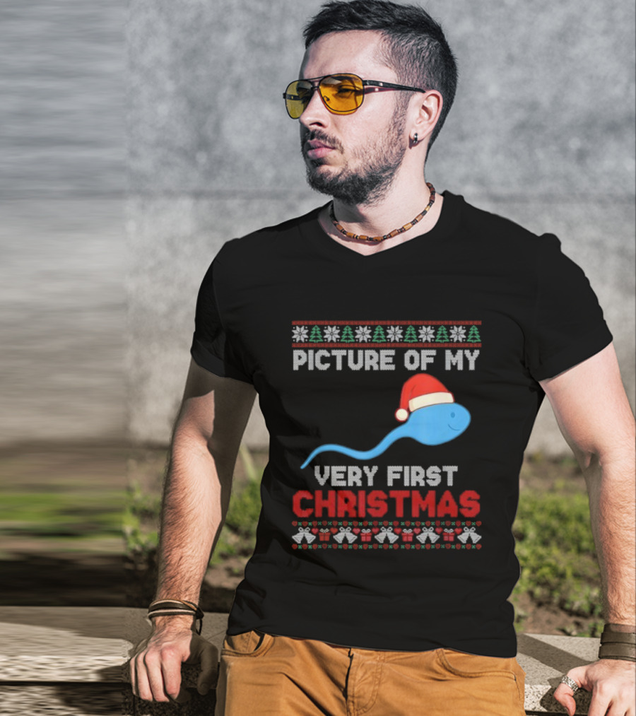 Picture Of My Very First Christmas Joke Funny Xmas Santa Hat Sperm T-Shirt