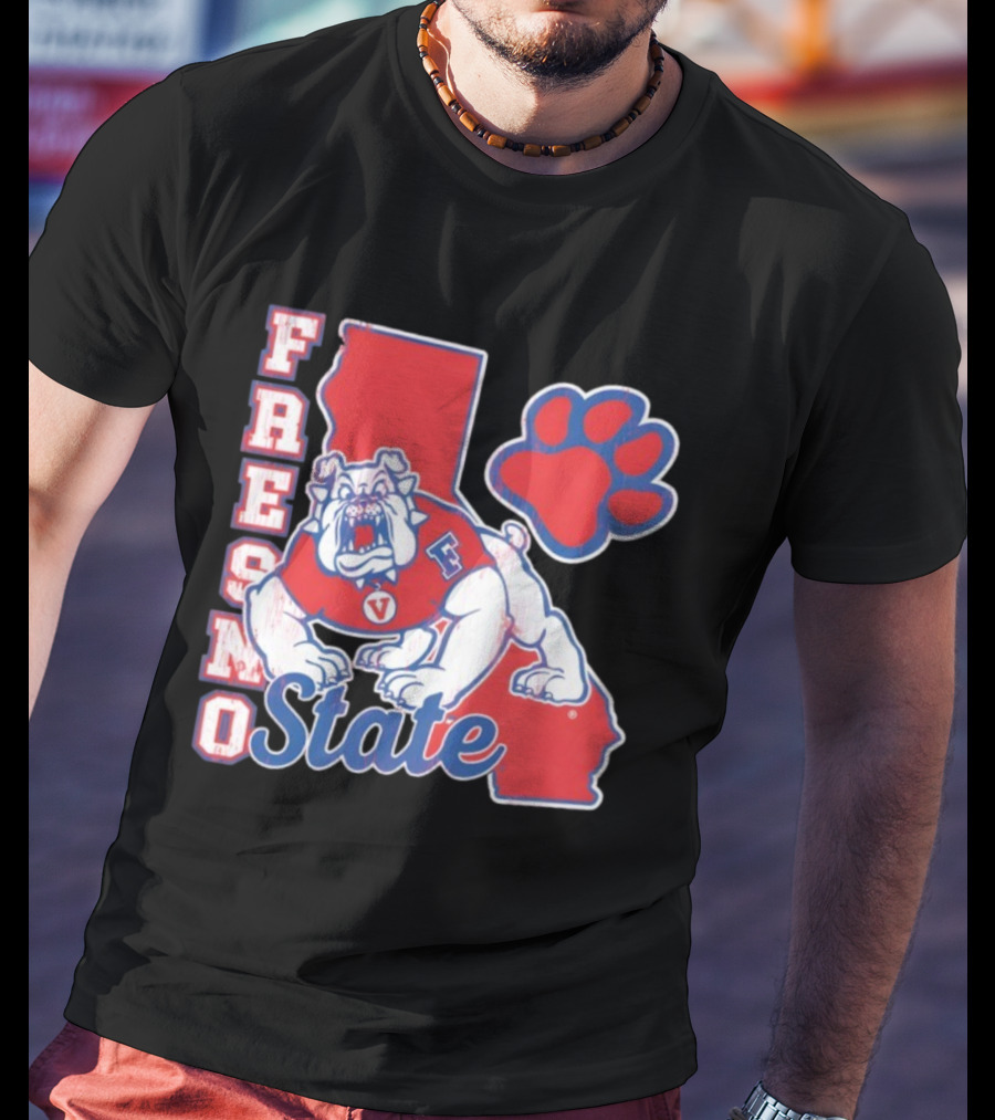 Fresno State CA Bulldog Paw Print And State Outline T-Shirt