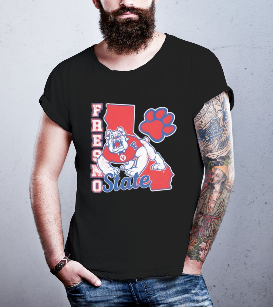 Fresno State CA Bulldog Paw Print And State Outline T-Shirt