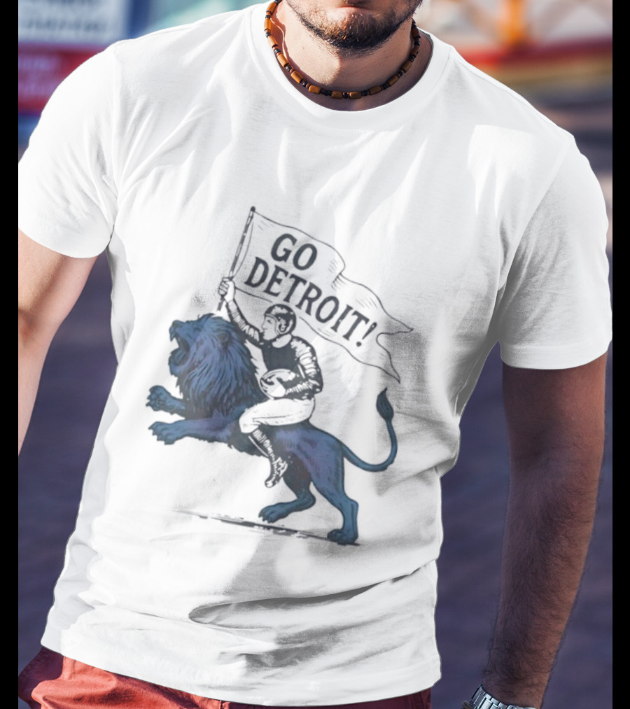 Go Detroit Football Player Riding Lion T-Shirt