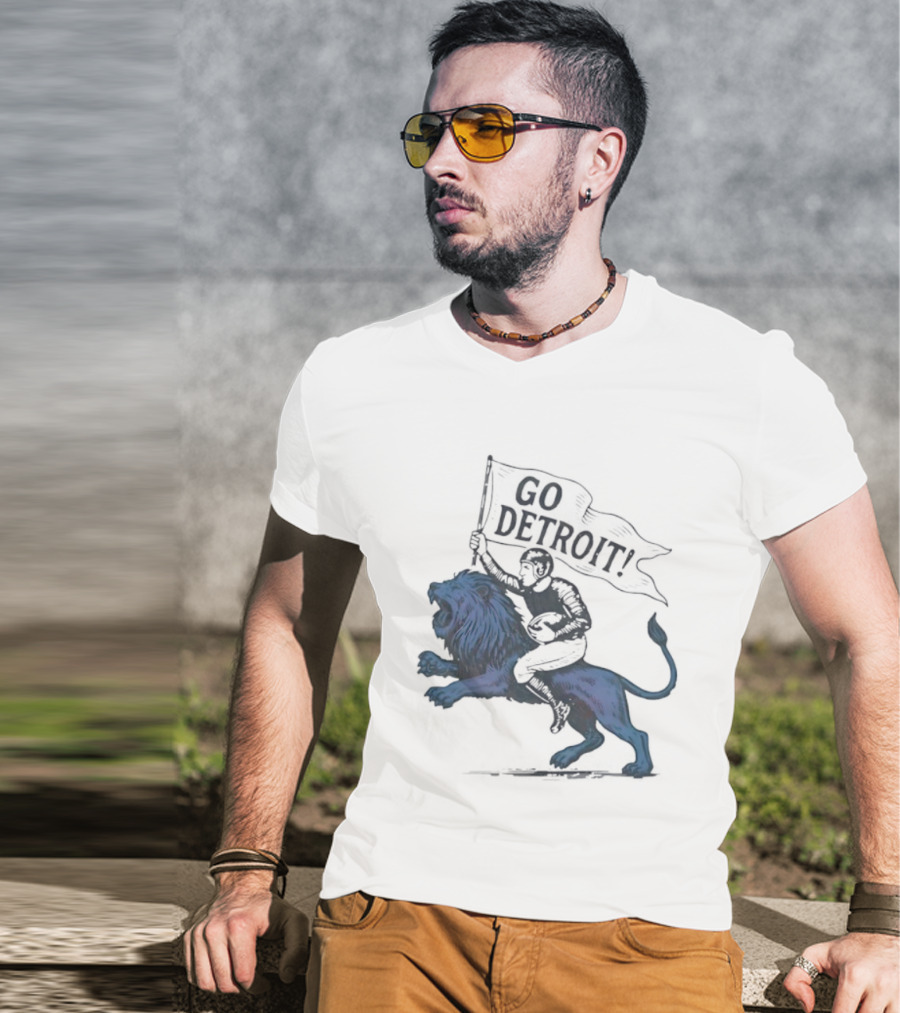 Go Detroit Football Player Riding Lion T-Shirt