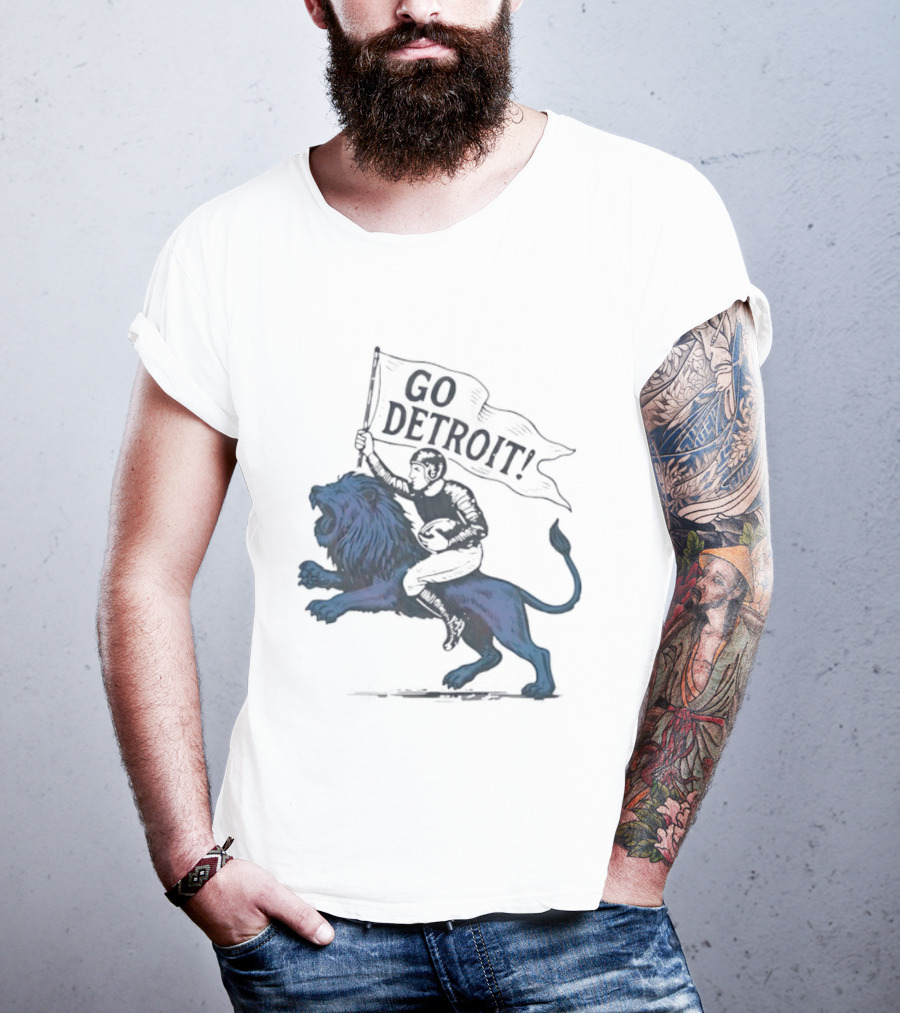 Go Detroit Football Player Riding Lion T-Shirt