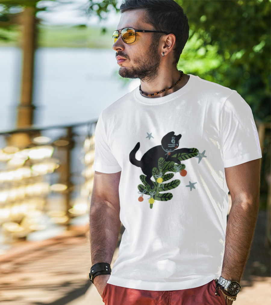 Christmas Tree Cat With Stars Yarrow Goods T-Shirt