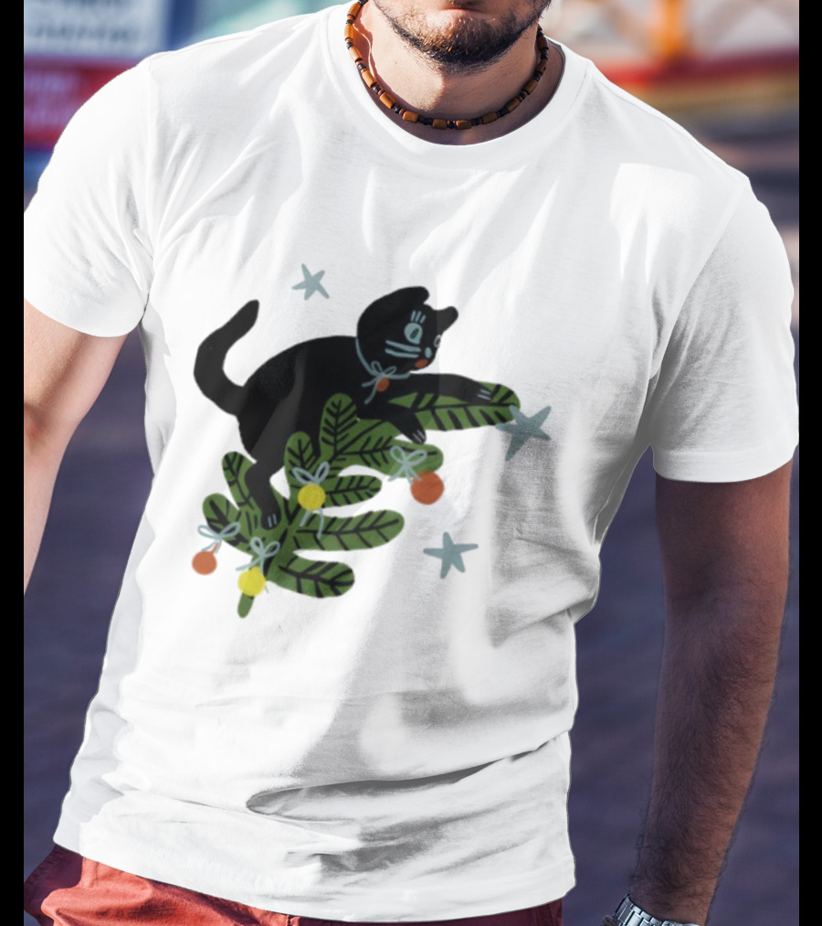 Christmas Tree Cat With Stars Yarrow Goods T-Shirt