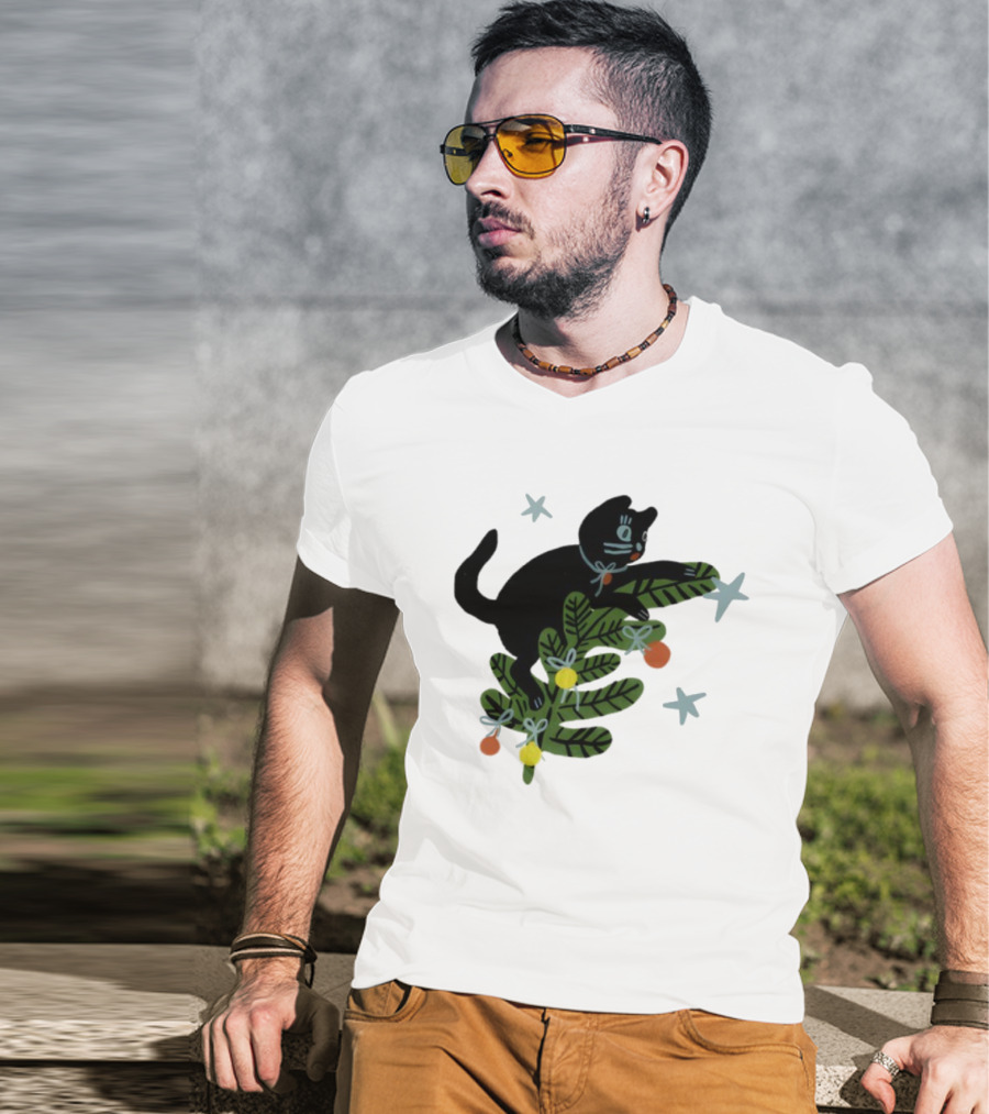 Christmas Tree Cat With Stars Yarrow Goods T-Shirt