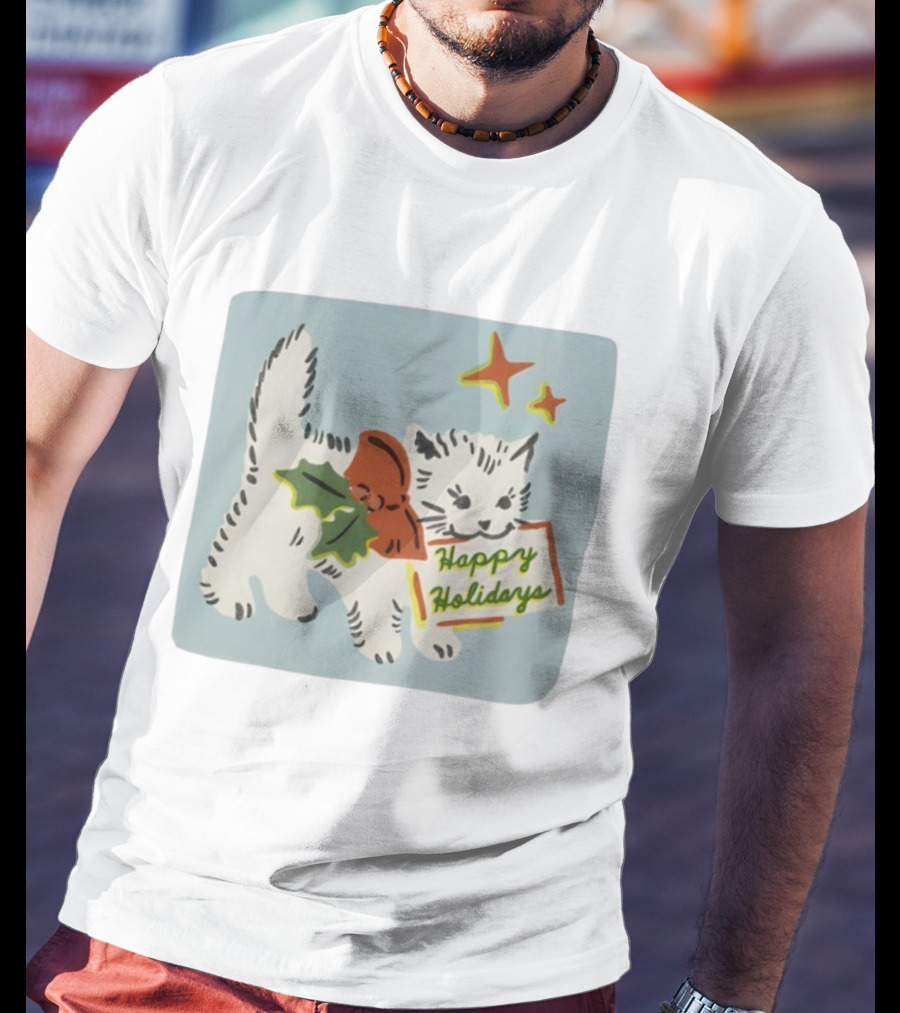 Happy Holidays Cat With Holly And Stars By Yarrow Goods T-Shirt