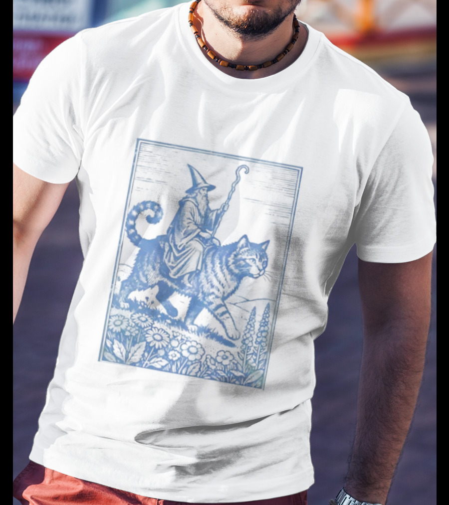 Wizard Riding Cat Blue Vintage Fantasy Adventure Scene T-Shirt