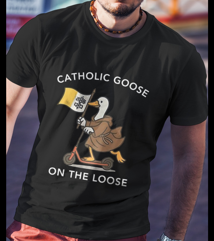Catholic Goose On The Loose Holding Flag Riding Scooter T-Shirt