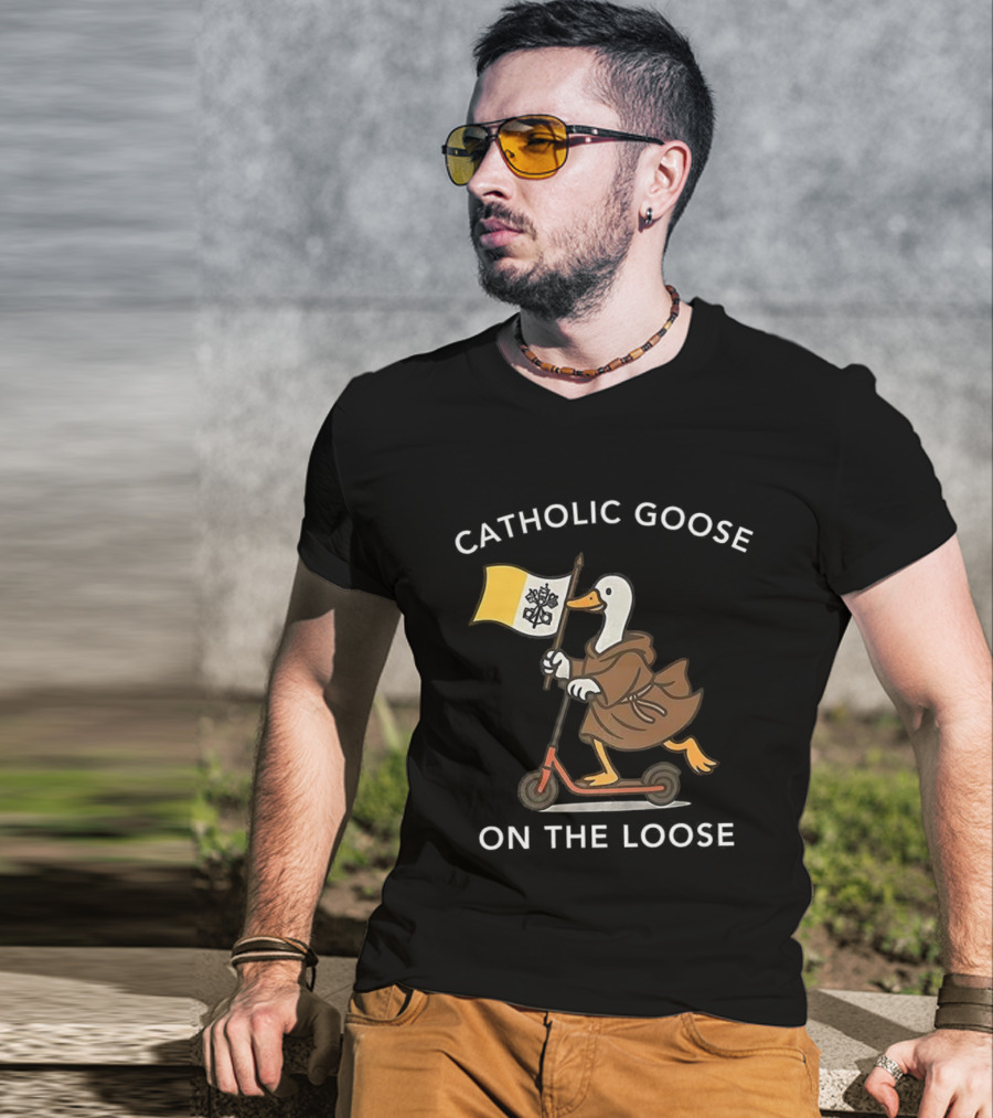 Catholic Goose On The Loose Holding Flag Riding Scooter T-Shirt