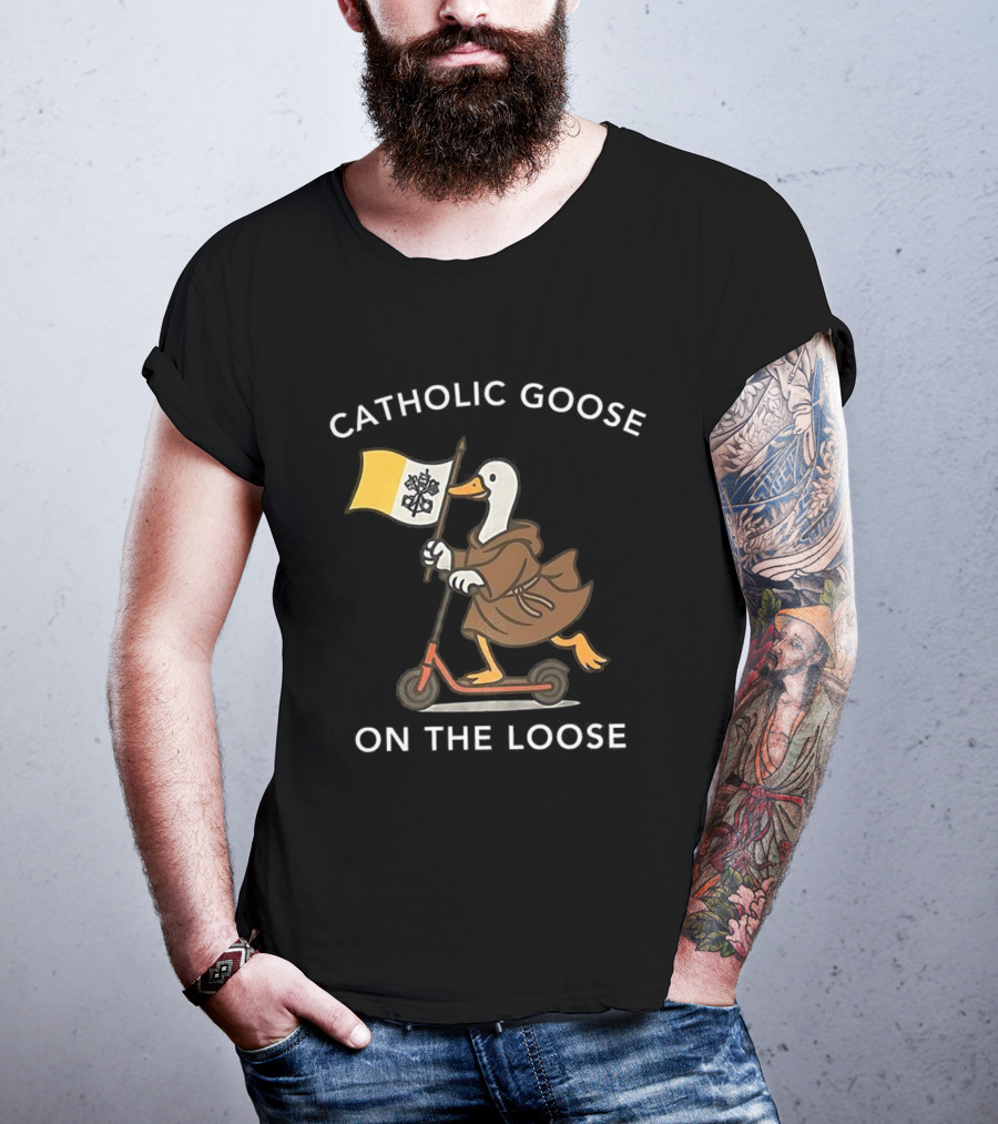 Catholic Goose On The Loose Holding Flag Riding Scooter T-Shirt