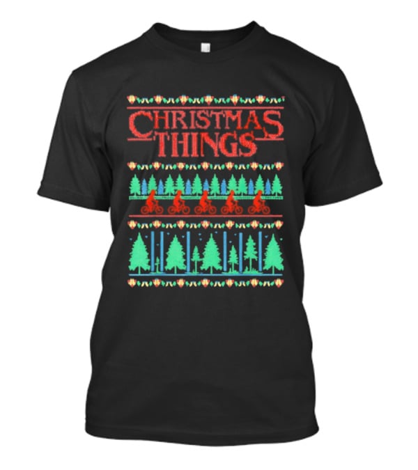 Christmas Things Holiday Sweater Lights And Bicycles Forest Theme T-Shirt