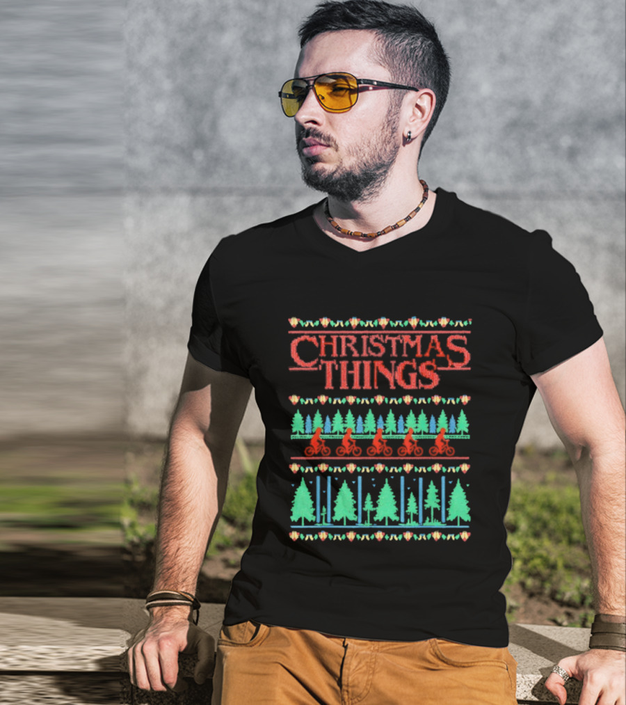Christmas Things Holiday Sweater Lights And Bicycles Forest Theme T-Shirt