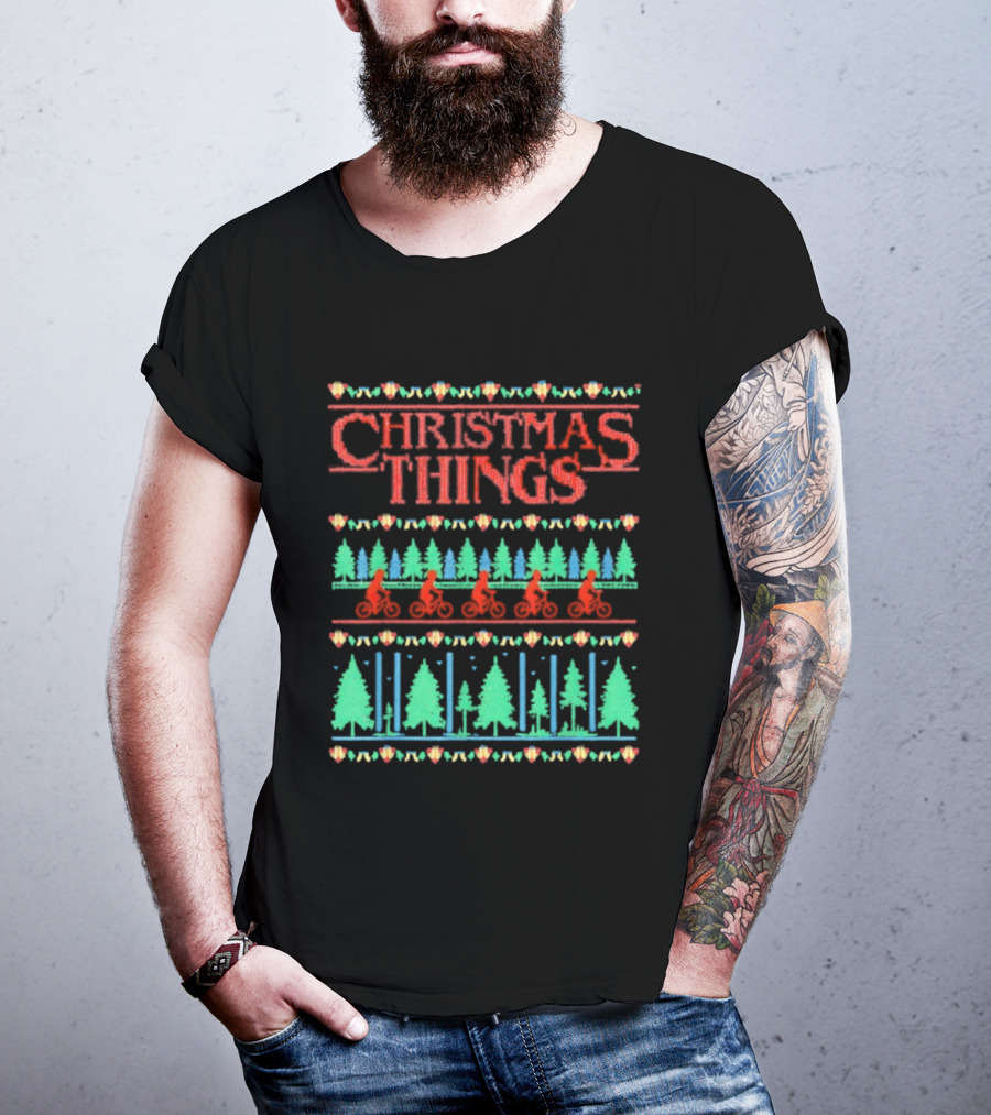 Christmas Things Holiday Sweater Lights And Bicycles Forest Theme T-Shirt