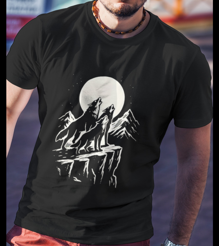 Howling Wolves Moonlit Mountains Black White T-Shirt