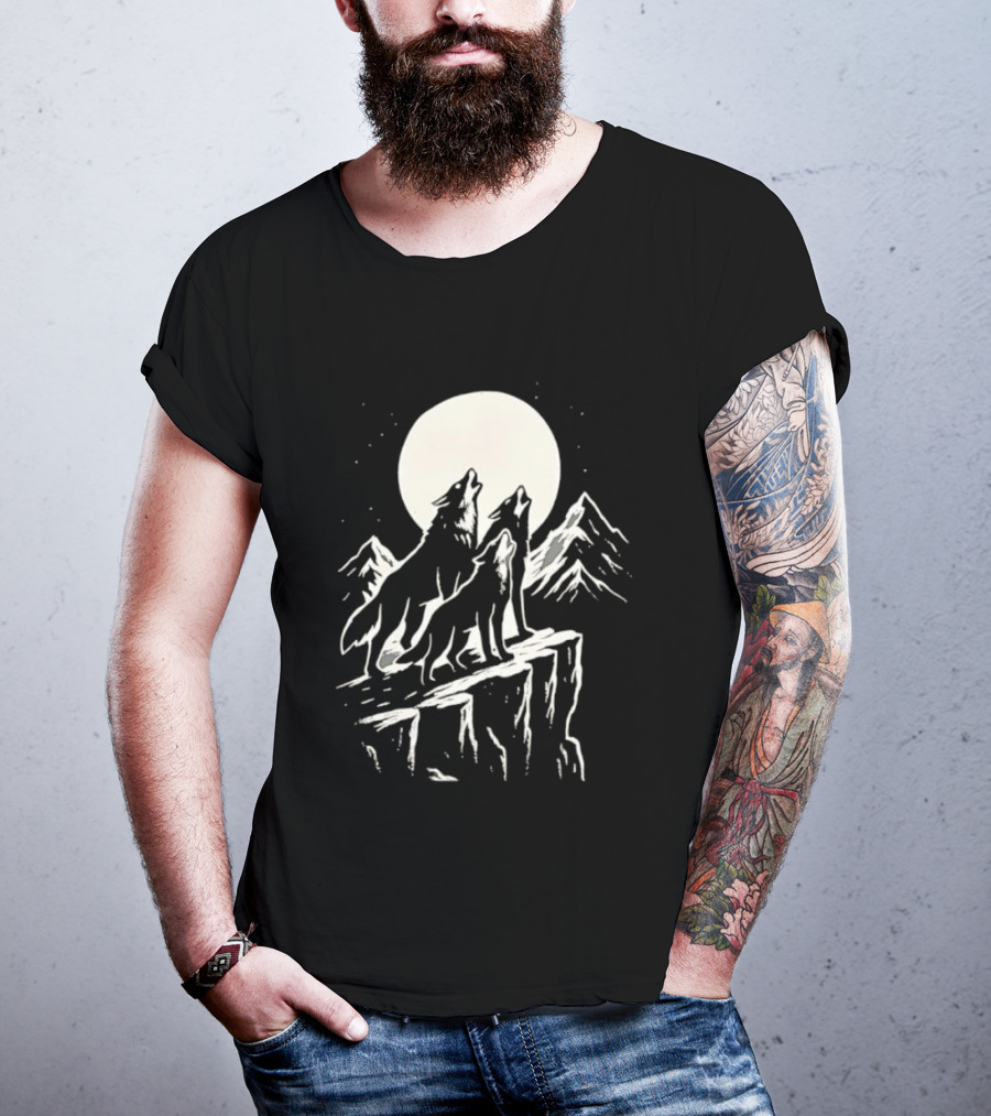 Howling Wolves Moonlit Mountains Black White T-Shirt