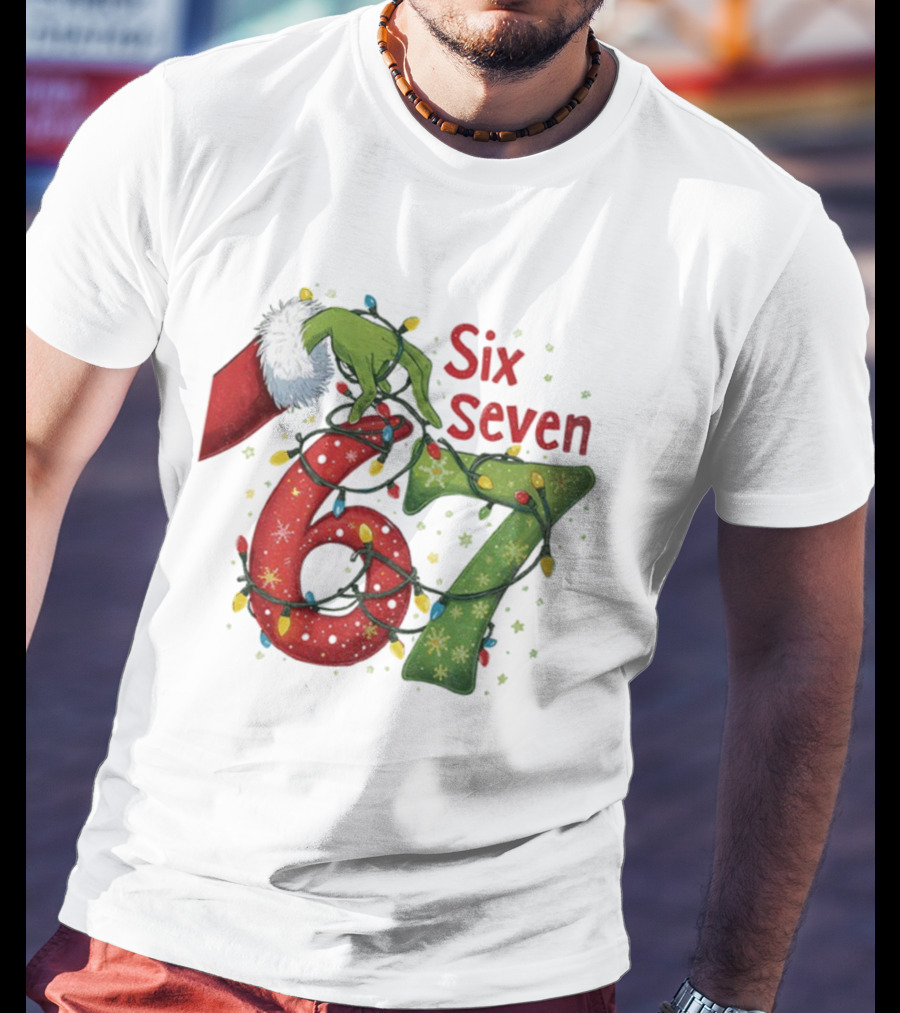 Merry Christmas 2025 Grinch Hand Six Seven Holiday Lights T-Shirt
