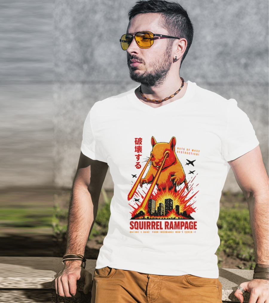 Squirrel Rampage Laser Eyes Skyline Destruction Nuts Of Mass Destruction T-Shirt