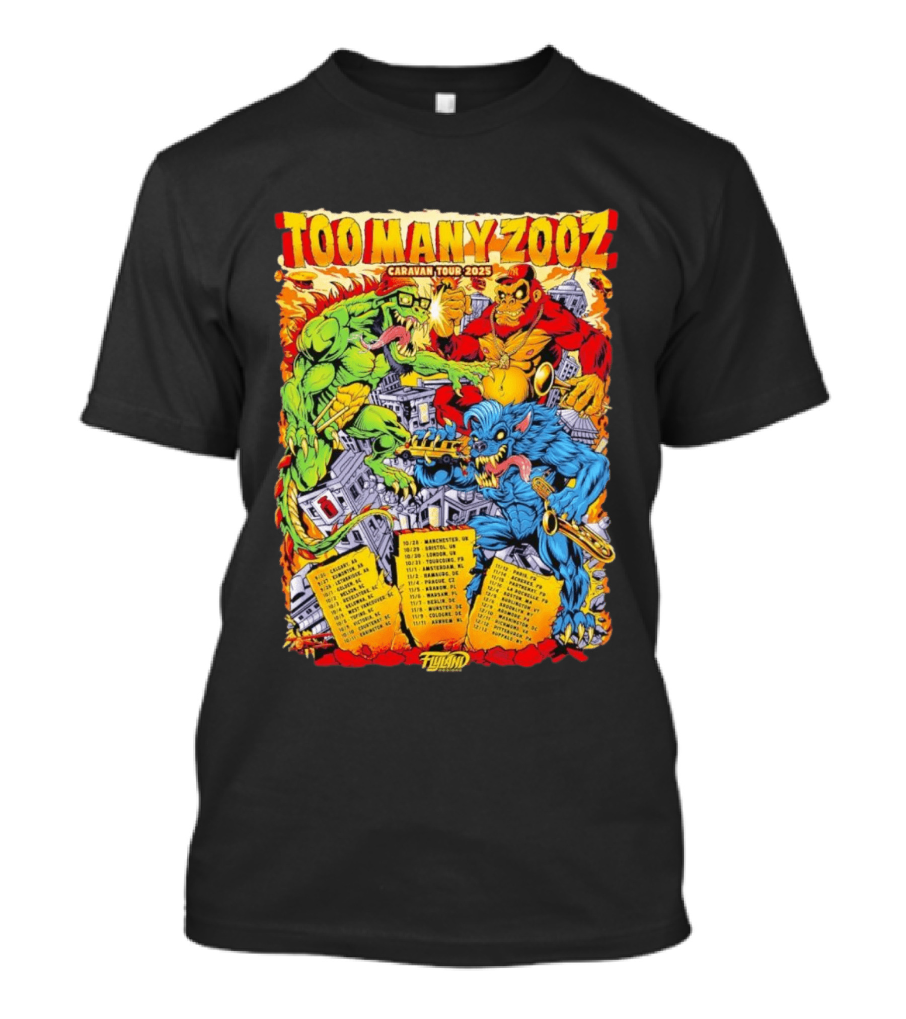 Too Many Zooz Caravan Tour 2025 Cities Monster Theme Music Band T-Shirt