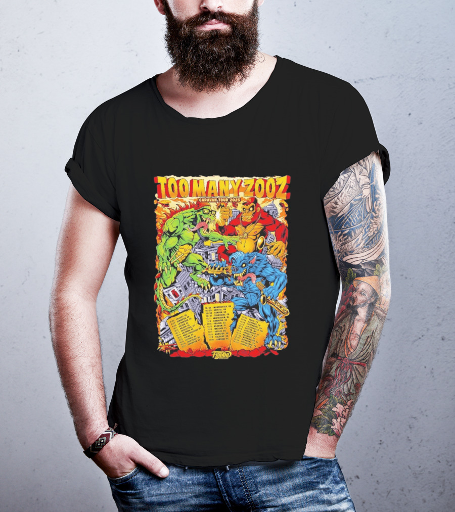 Too Many Zooz Caravan Tour 2025 Cities Monster Theme Music Band T-Shirt