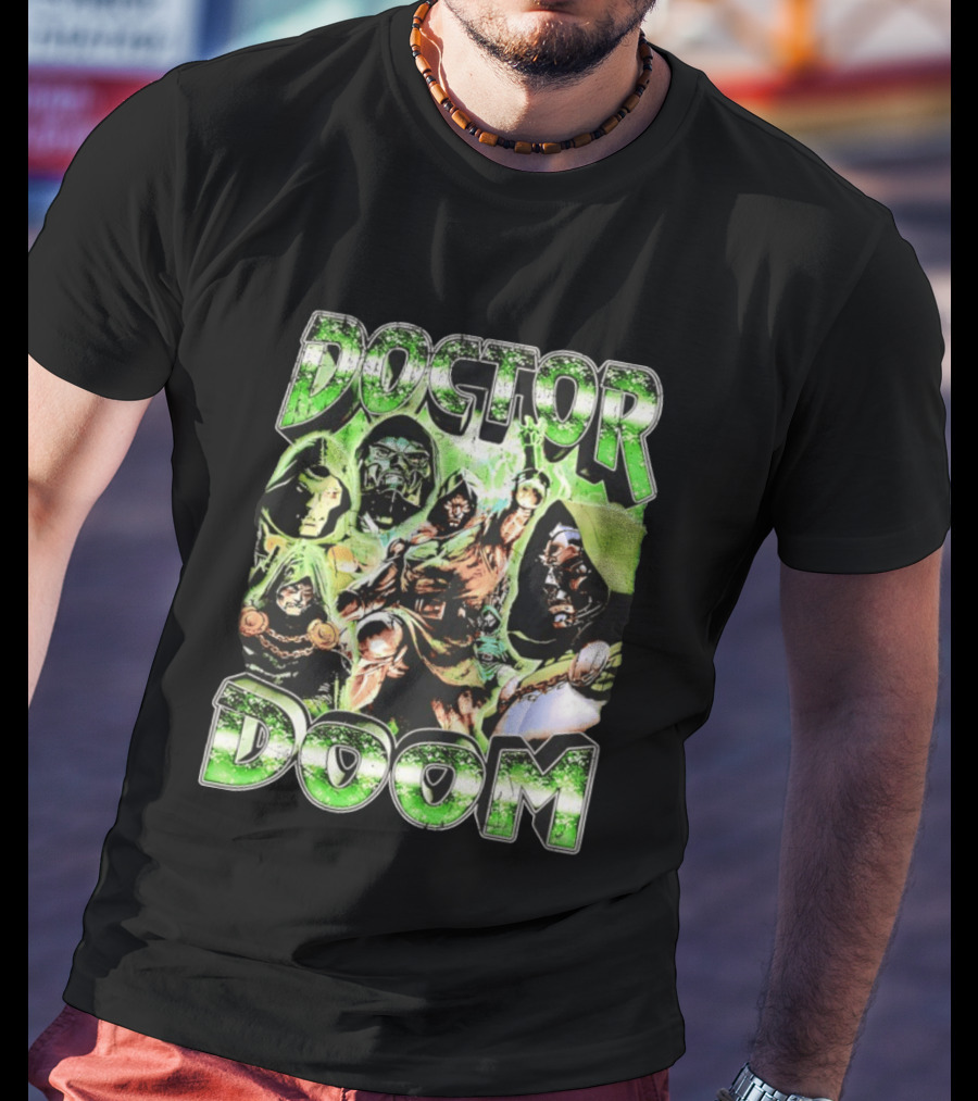 Doctor Doom 90s Bootleg Rap Vintage Style Green Comic Collage T-Shirt