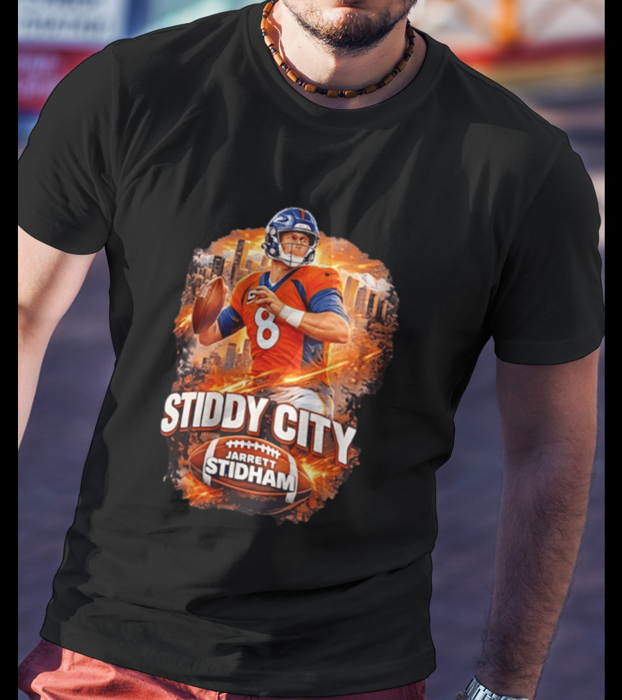 Stiddy City Jarrett Stidham Denver Broncos Quarterback 8 Urban Skyline Football T-Shirt