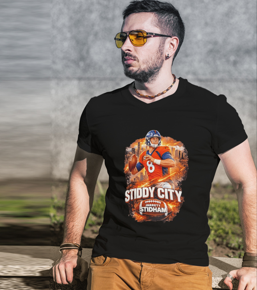Stiddy City Jarrett Stidham Denver Broncos Quarterback 8 Urban Skyline Football T-Shirt