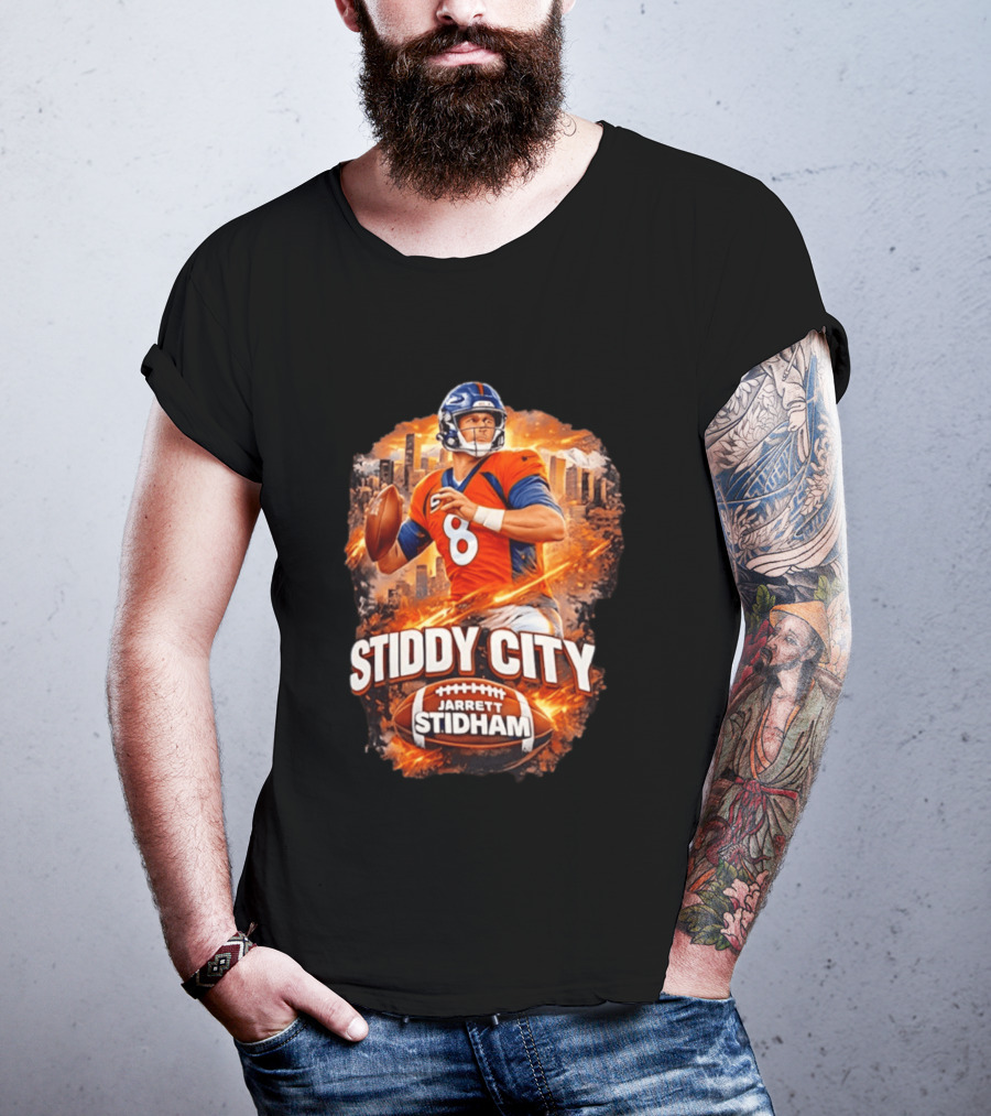 Stiddy City Jarrett Stidham Denver Broncos Quarterback 8 Urban Skyline Football T-Shirt