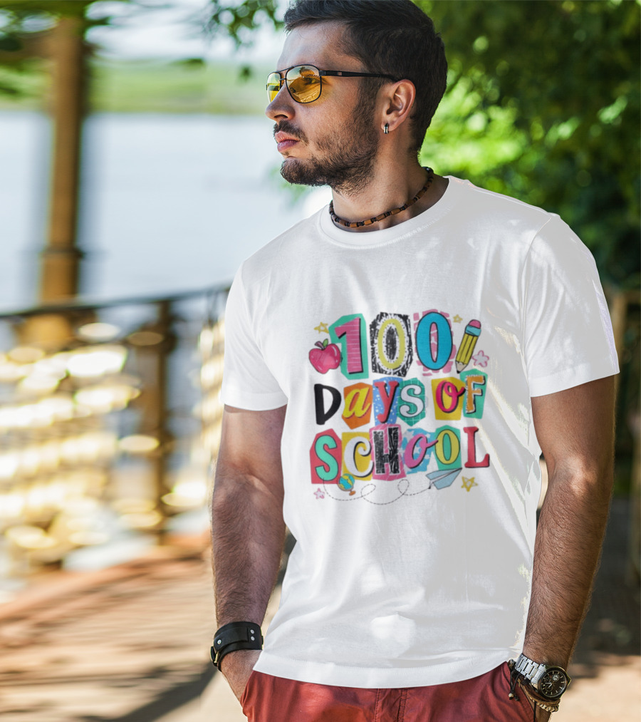 100 Days Of School Celebration Apple Pencil Stars Paper Plane Classroom T-Shirt