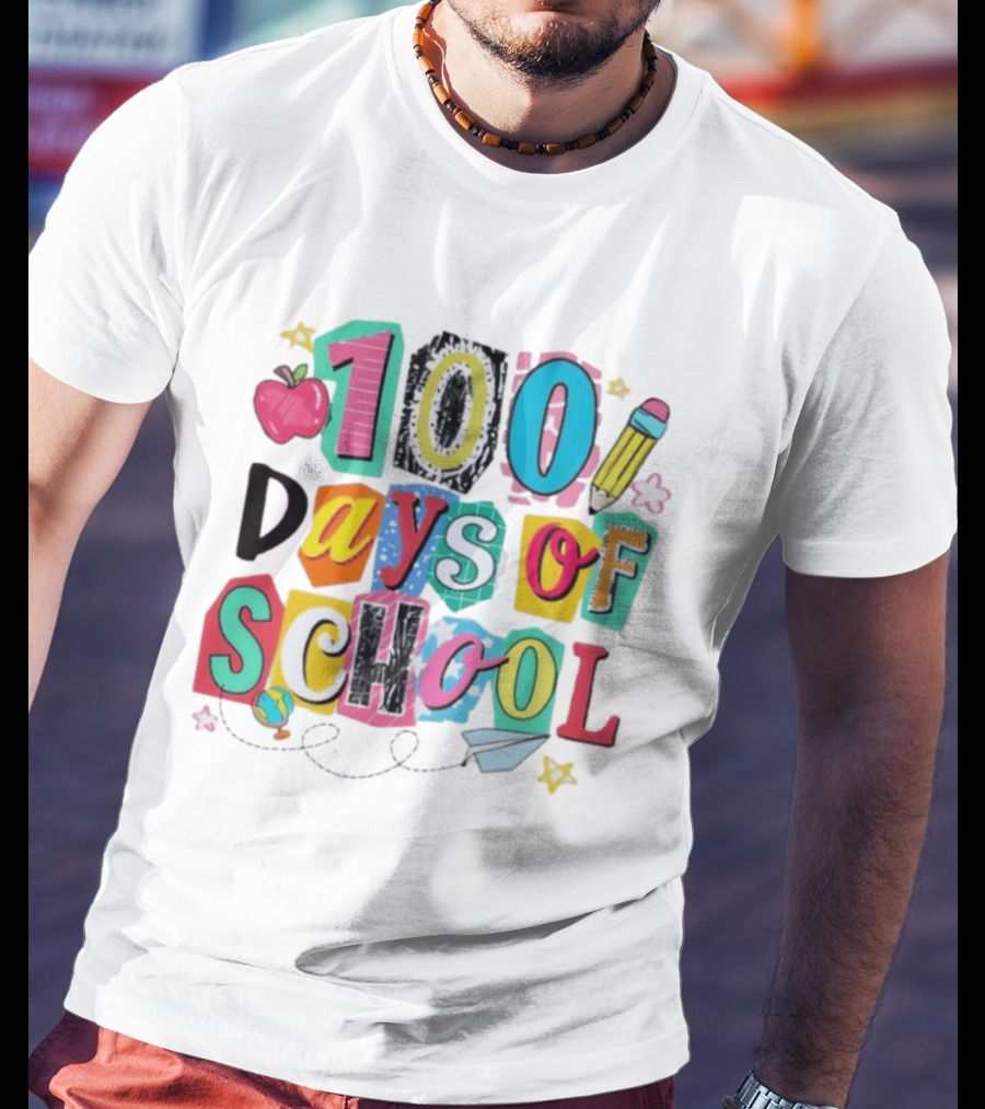 100 Days Of School Celebration Apple Pencil Stars Paper Plane Classroom T-Shirt