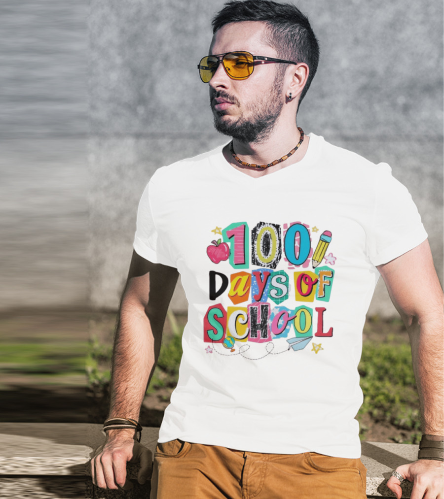 100 Days Of School Celebration Apple Pencil Stars Paper Plane Classroom T-Shirt