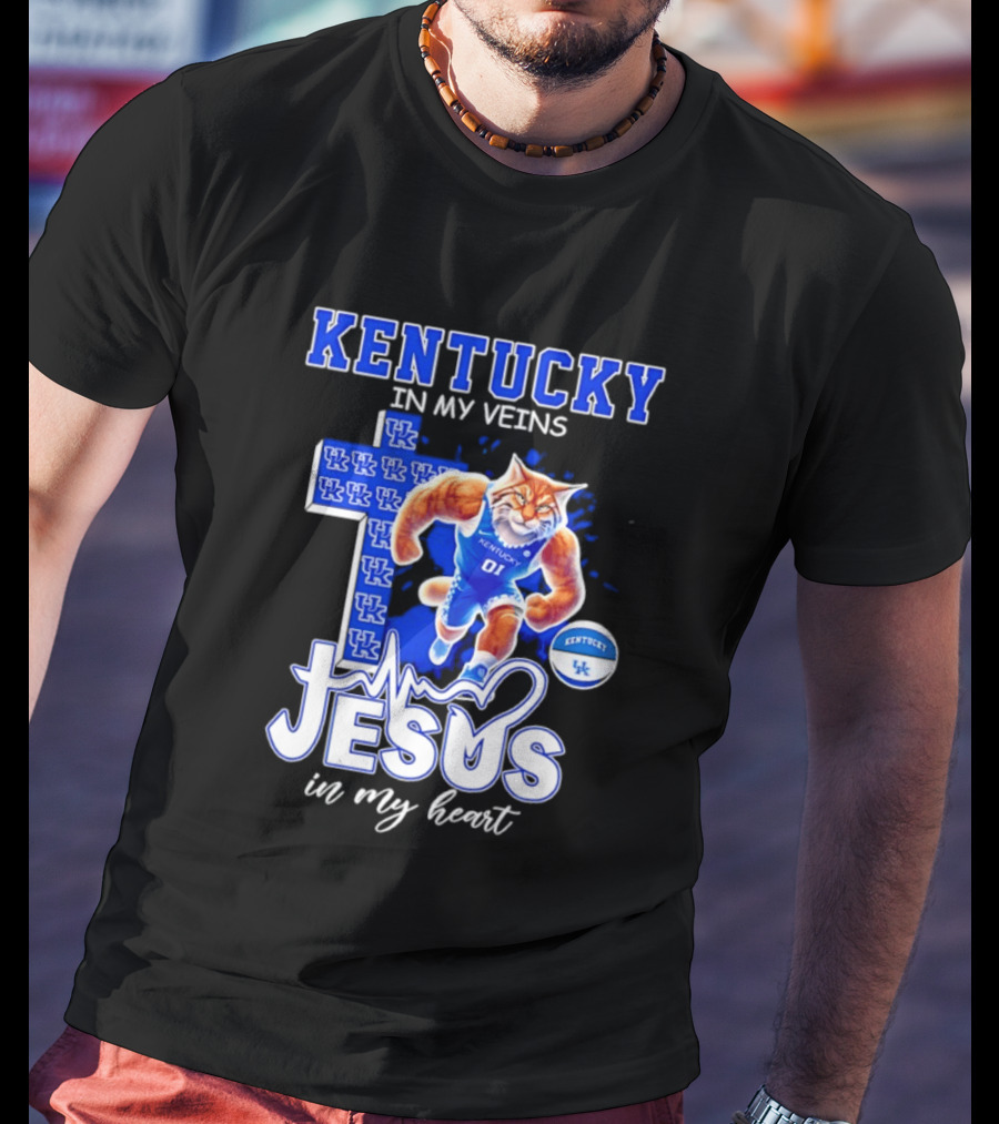 Kentucky Wildcats In My Veins Jesus In My Heart Wildcat Cross T-Shirt