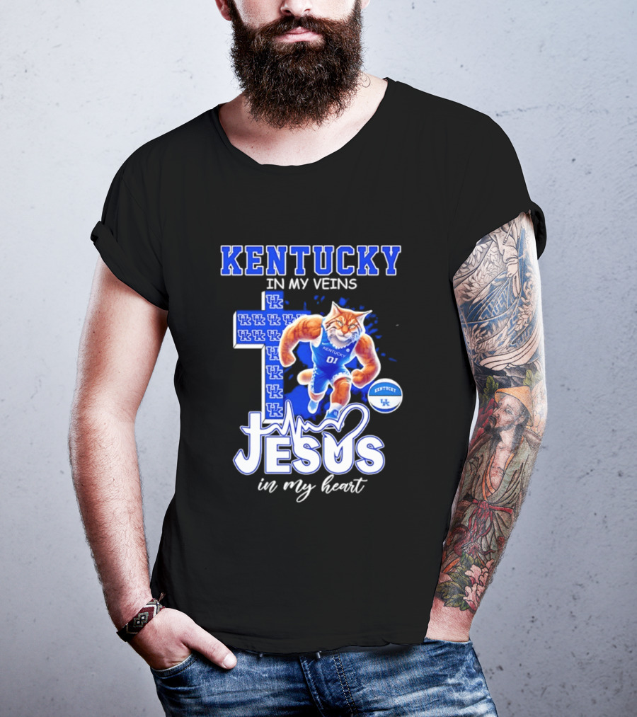 Kentucky Wildcats In My Veins Jesus In My Heart Wildcat Cross T-Shirt