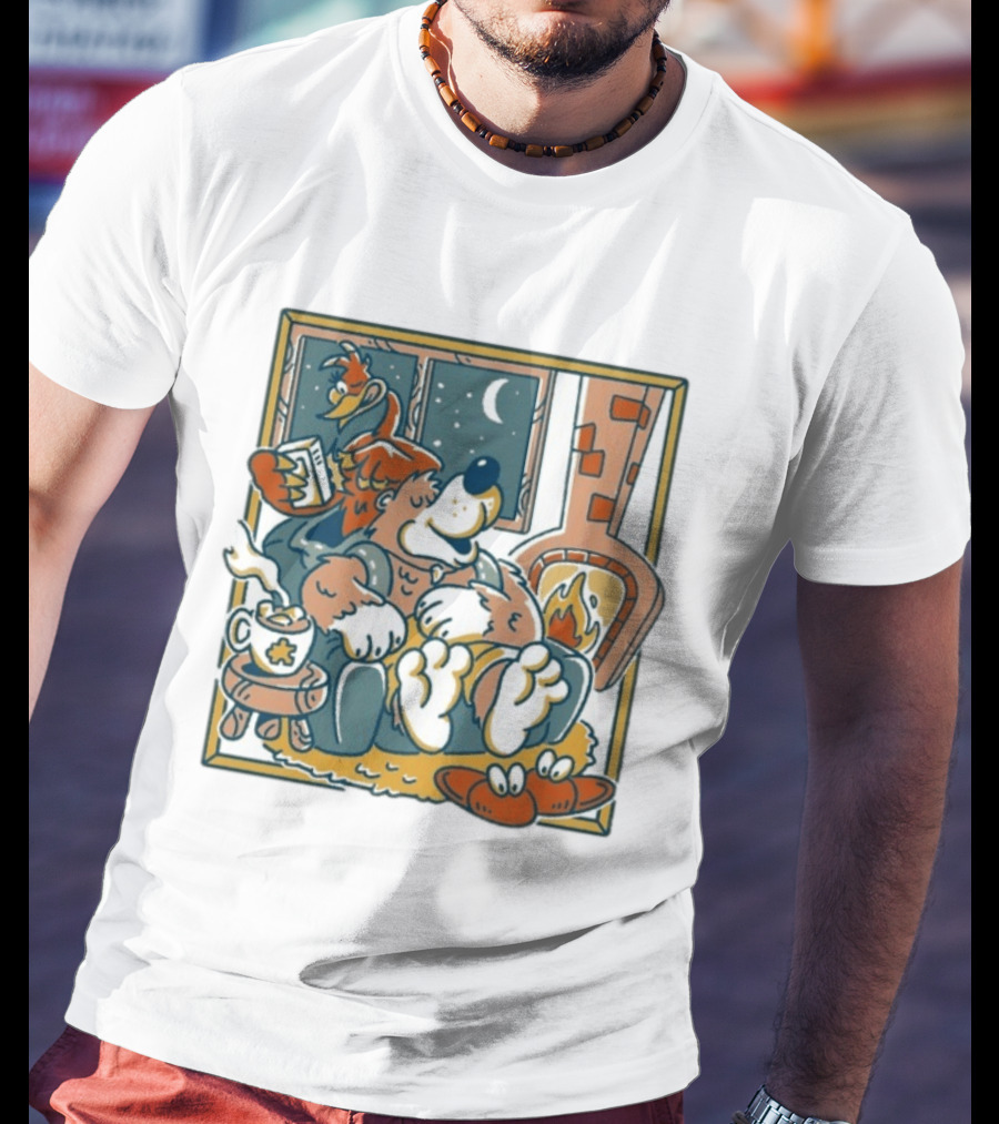 Henrique Torres Nighty Night Cozy Bear By The Fireplace With Duck And Coffee T-Shirt