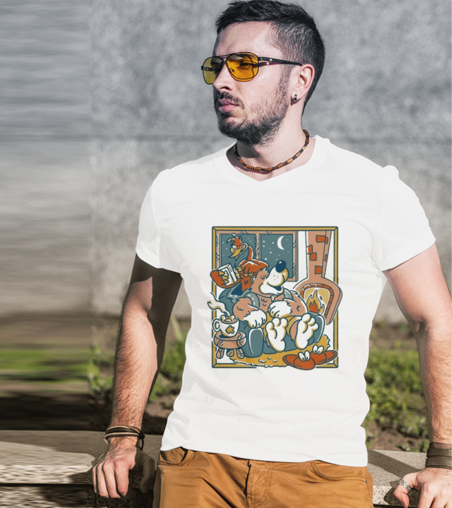 Henrique Torres Nighty Night Cozy Bear By The Fireplace With Duck And Coffee T-Shirt
