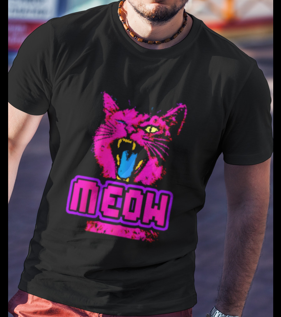 Neon Pink Angry Cat MEOW Cyberpunk Aesthetic Retro Futuristic T-Shirt