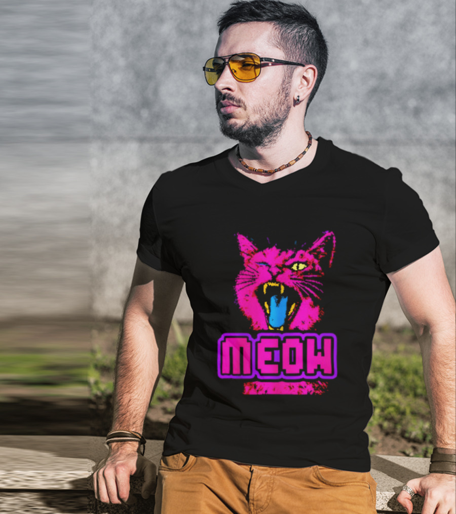 Neon Pink Angry Cat MEOW Cyberpunk Aesthetic Retro Futuristic T-Shirt
