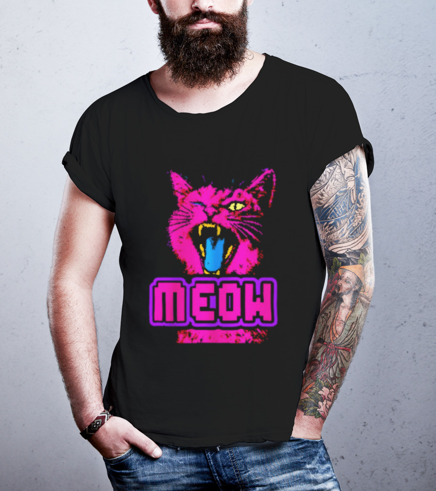 Neon Pink Angry Cat MEOW Cyberpunk Aesthetic Retro Futuristic T-Shirt