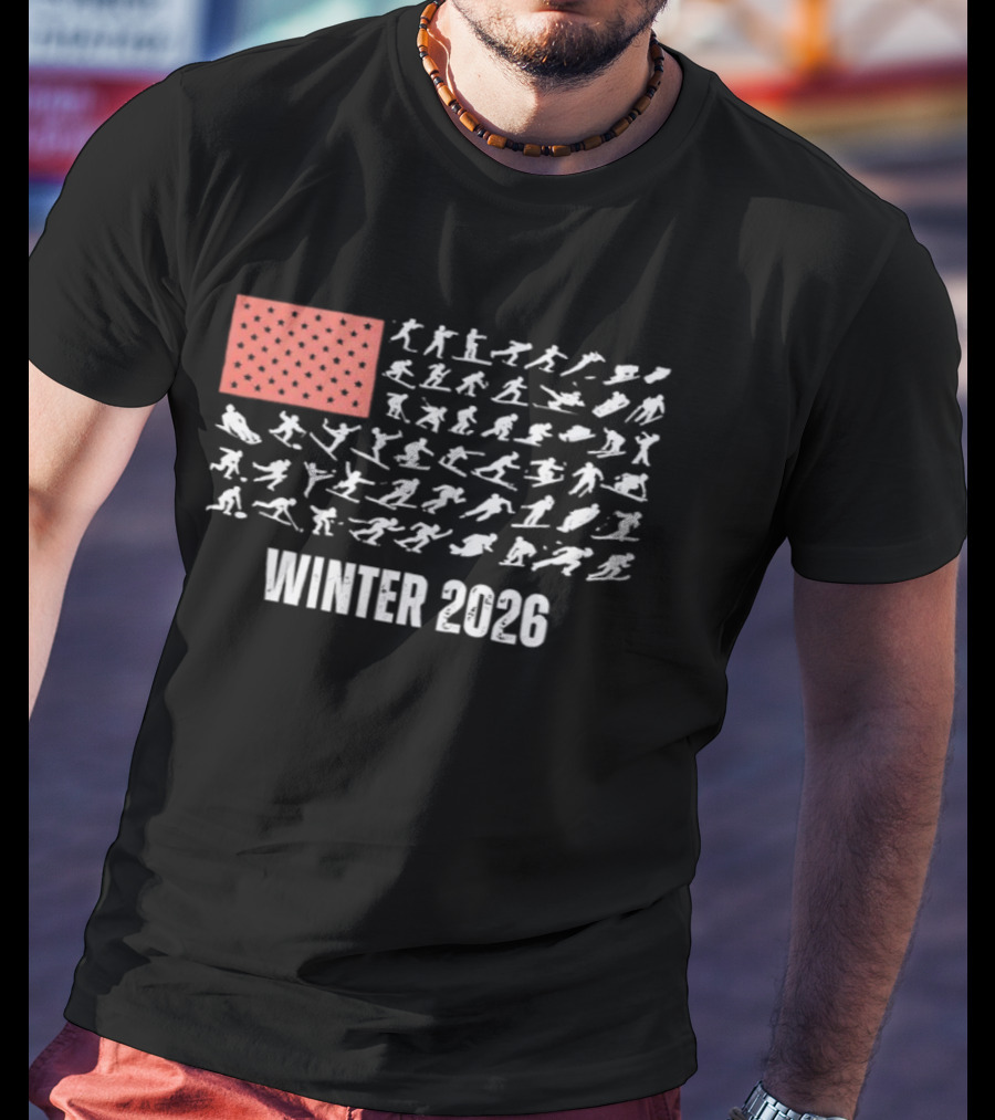 Patriotic USA Winter Sports 2026 Flag Skier Snowboarder T-Shirt