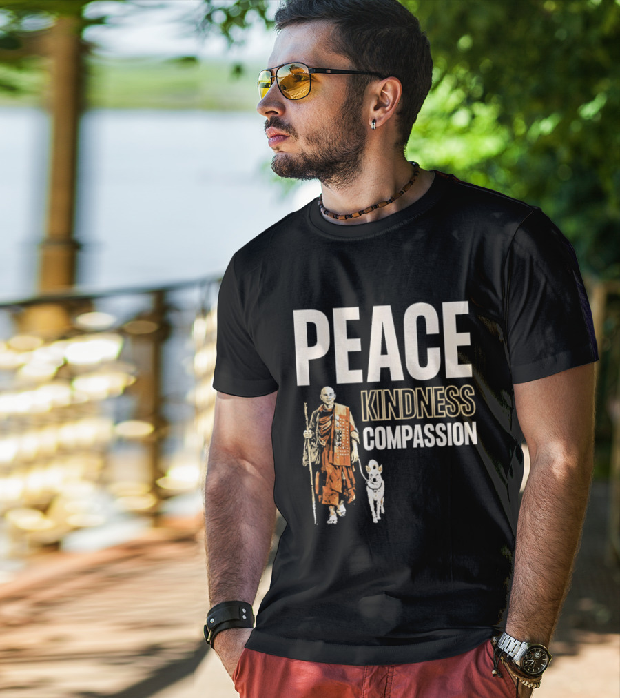Peace Kindness Compassion Monk And Aloka Dog Walking For Peace T-Shirt