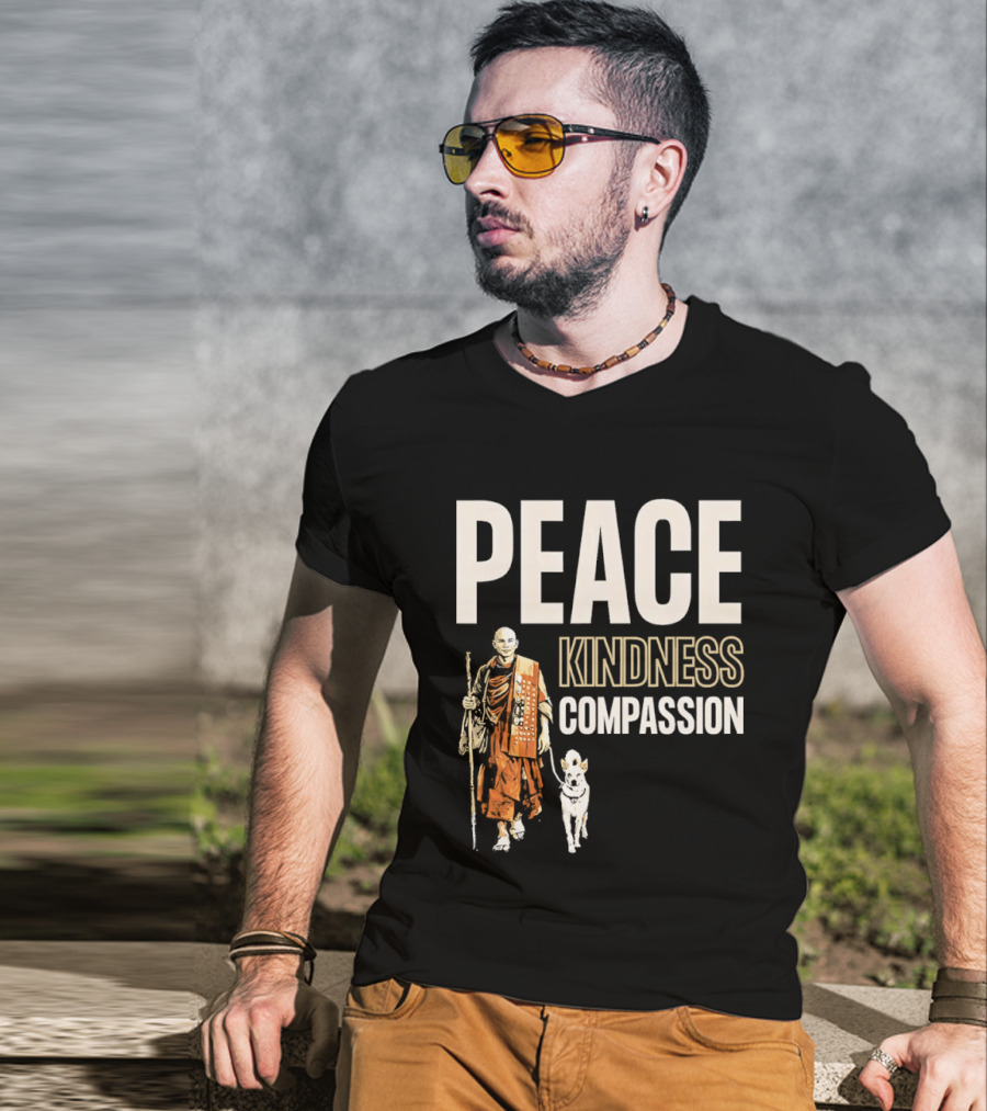 Peace Kindness Compassion Monk And Aloka Dog Walking For Peace T-Shirt