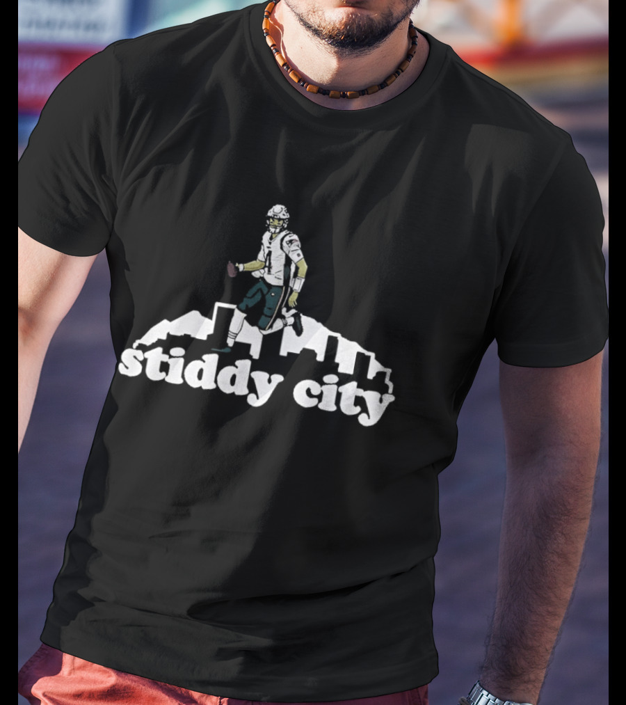 Stiddy City Jarrett Stidham Denver Broncos Skyline Football T-Shirt