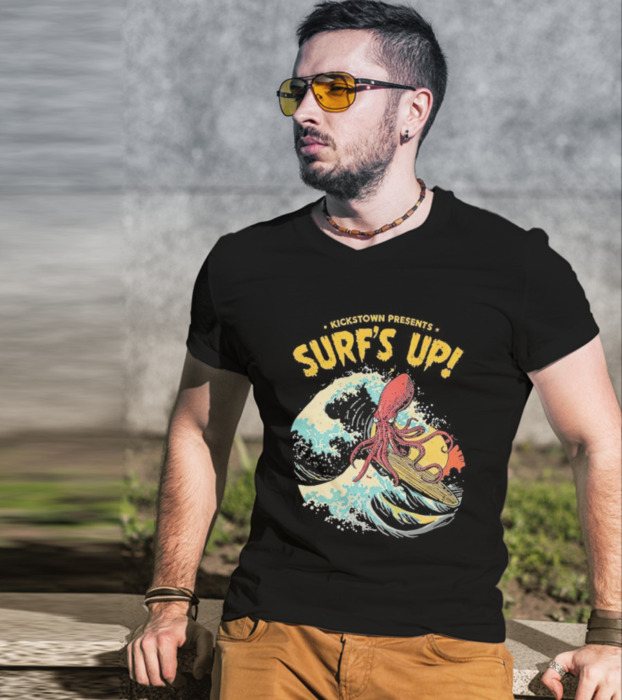 Kickstown Presents Surf's Up Octopus Riding Wave T-Shirt