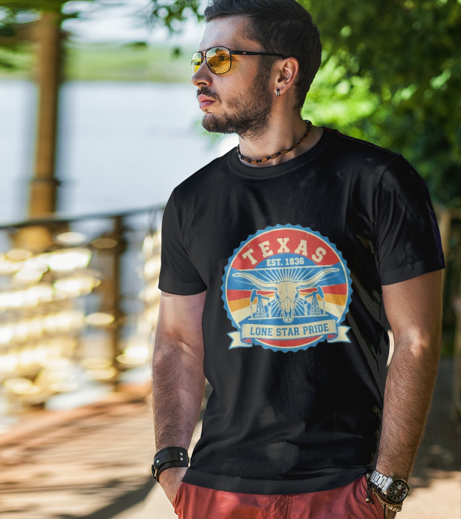 Texas EST 1836 Lone Star Pride Oil Derrick Longhorn T-Shirt
