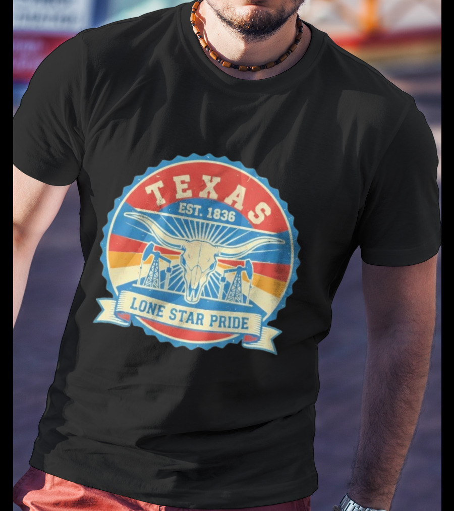 Texas EST 1836 Lone Star Pride Oil Derrick Longhorn T-Shirt