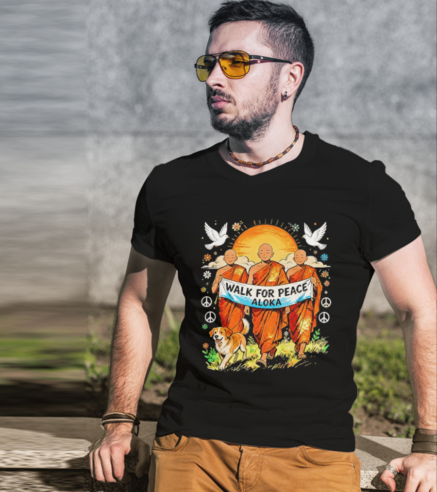Walk For Peace Aloka Buddhist Monk With Spiritual Dog And Doves T-Shirt